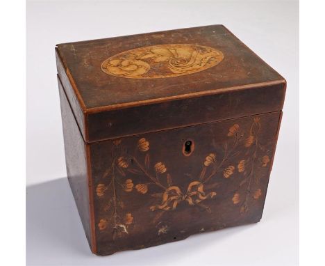 George III mahogany and satinwood inlaid tea caddy, with shell inlay to the top and further ribbon inlay to the front