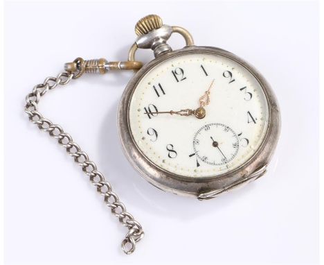 Silver open face pocket watch, the white enamel dial with Arabic hours, subsidiary dial, crown wound