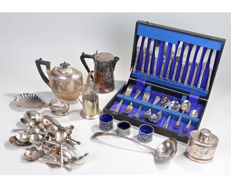 Silver plated wares, to include a 19th Century tea caddy, flatware, mustards, a soup ladle, etc, (qty)