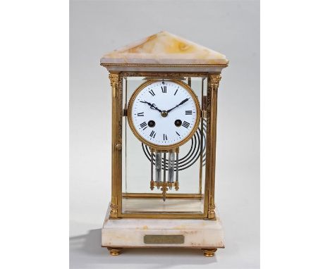 Late 19th Century French four glass and marble mantel clock, the arched top above gilt Corinthian capped columns and stepped 