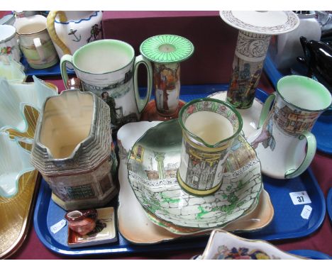 Royal Doulton Series Ware, including Dickensware candlestick, 'Sydney Carton' loving cup, 'Canterbury Pilgrims' jug, etc:- On