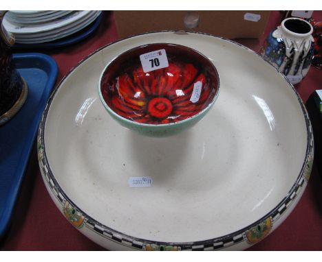 Poole Pottery Bowl, numbered 38 having flame interior plus speckled exterior. Doulton shallow bowl, (chipped)