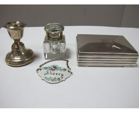 A Swedish Cigarette Box, of Art Deco style, initialled; a glass inkwell, a hallmarked silver dwarf candlestick (damaged), ena