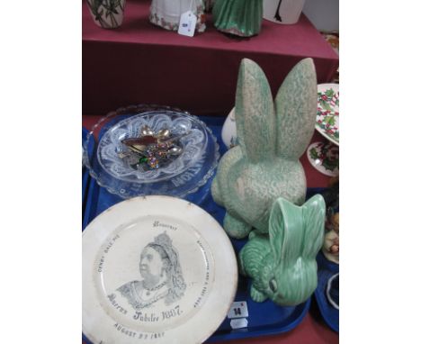 Nao Pottery Rabbit, 26cm high, another damaged, Queen Victoria Denby Dale pie plate, other commemorative ware, spoons:- One T