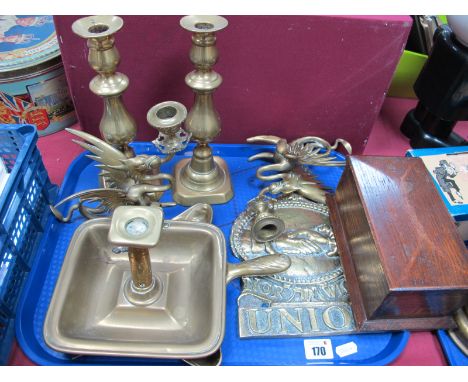 A Pair of XIX Century Brass Candlesticks, a pair of Griffin style candlesticks, XIX Century brass chamber candlestick, reprod