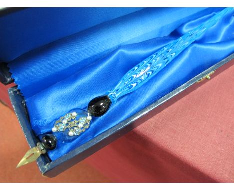 Venetian Glass Fountain Pen, with whirl design to turquoise body, seed pearl and gilt mounts to lozenge between black knopped