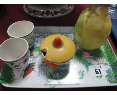 A Clarice Cliff Bizarre Crocus Pattern Mustard Pot, Citronnade Sauvinet, and early XX Century French porcelain lemon concentr