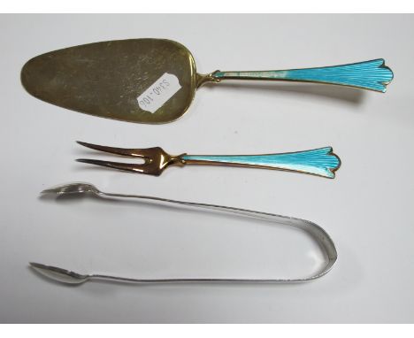 Norwegian Enamel Cake Slice and Fork, "925S Sterling Norway" (damages); a pair of hallmarked silver sugar tongs, with reeded 