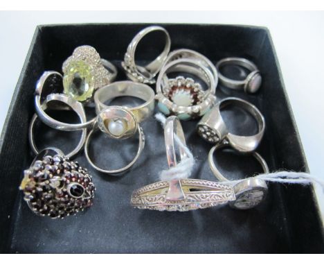 A Hallmarked Silver Three Stone Opal Ring, single stone and other dress rings, including stamped ''Silver'', etc. 