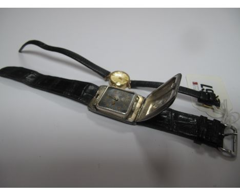 An Art Deco Style "925" Cased Wristwatch, the engine turned cover concealing the square black dial, inside cover stamped "925