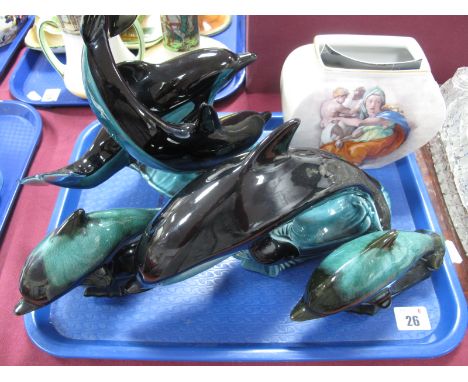 Two Poole Dolphin Figure Groups, two others, Goebel Artis Orbis Michelangelo Vase.