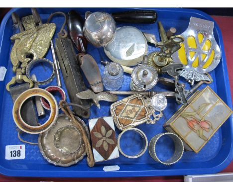 Trinket Boxes, brass, napkin rings, Salter scale, snuff box, souvenir letter opener, agate slice, AA car badge, etc:- One Tra