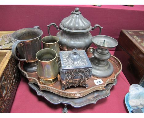 Mappin &amp; Webb Plated Salver, of antique style, decorative EPBM caddy, twin handled pedestal cup, footed baluster tumblers