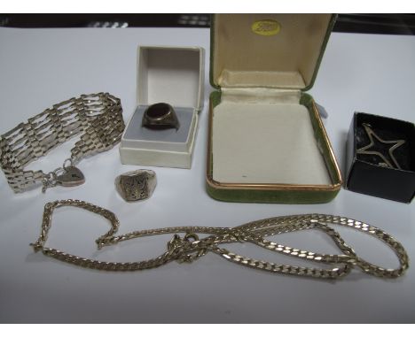 A Hallmarked Silver Wide Gate Bracelet, of openwork design, to heart shape padlock clasp,, a gent's signet style ring, with o