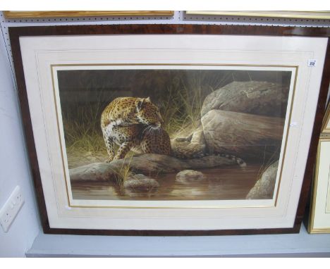 D.V Heerde, Leopard by Rocks at Riverside, limited edition colour print of 350, signed 50.5 x 79.5cm.