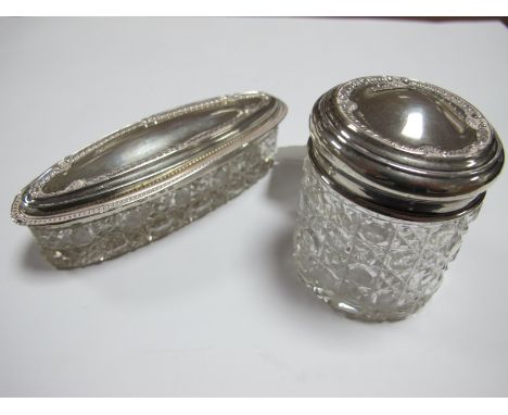 A Matching Pair of Hallmarked Silver Lidded Cut Glass Trinket Pots, J&amp;C, Birmingham 1912. (2)