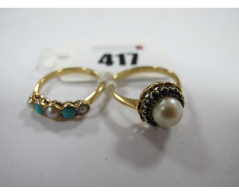 An 18ct Gold Pearl Set Dress Ring; together with a turquoise and pearl set ring, alternately set. (2)