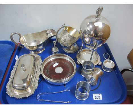 P Bros Plated Egg Coddler, sugar scuttle, "Metropole London" egg cups, sauce boat, a hallmarked silver bottle coaster with tu