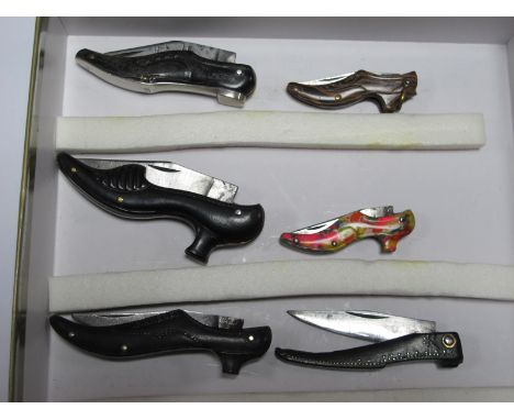 Novelty Pen Knives, with shoe shaped scales 'Silver Steel' and 'Le De a Jou*' to blades of two. (7)