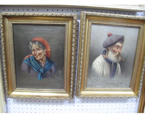 Continental School, circa 1900, pipe smoking gentleman wearing hat and scarf, a lady wearing red head scarf, pair of oils on 