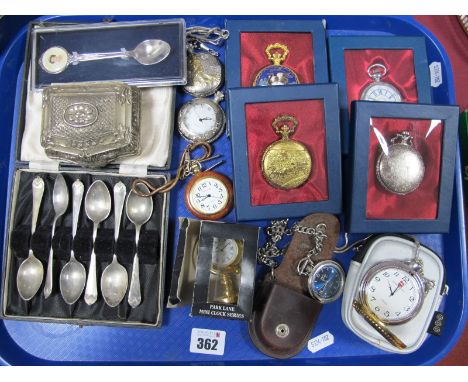 A Small Selection of Modern Decorative Pocketwatches including a Swiss balance pocketwatch, in locomotive design case, others
