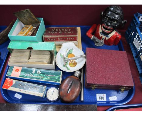 A Starkies Patent Jolly Money Box, a quantity of loose cigarette cards in vintage tins, two harmonicas Sekonda Stop watch, le