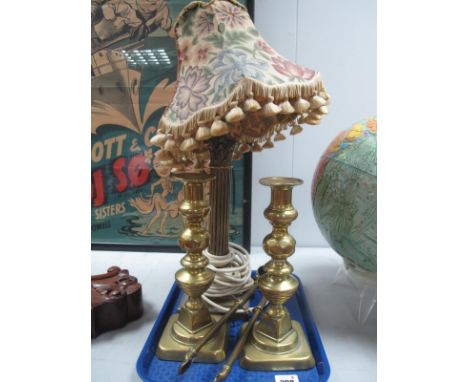 A Brass Corinthian Column Table Lamp, pair of candlesticks, tongs.