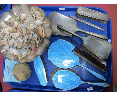 Hallmarked Silver and Blue Enamel Backed Brushes and Hand Mirror, hallmarked silver backed dressing table set, engine turned,