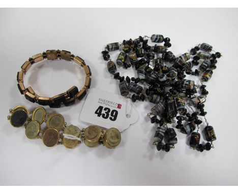 A XIX Century Lava Cameo Panel Bracelet; together with a vintage glass bead necklace and an expanding bangle.