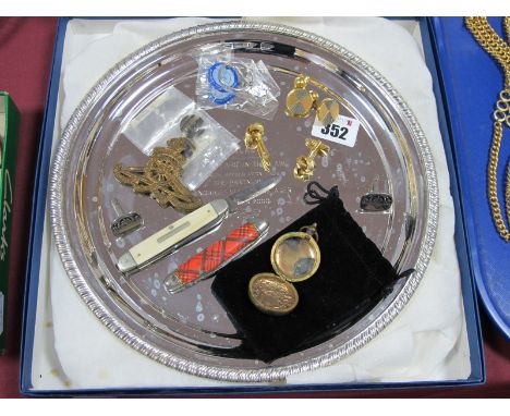 Modern Plated Tray, bearing presentation inscription, military cap badge, pocket knives, gent's cufflinks, etc.