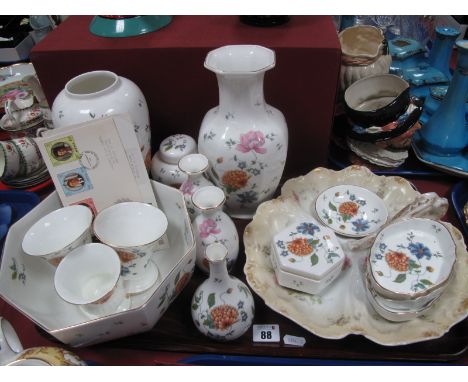 Wedgwood 'Rosemeade' Pattern Vases, octagonal bowl, bud vases and trinket pots, ginger jar, Limoges sectional dish, two comme