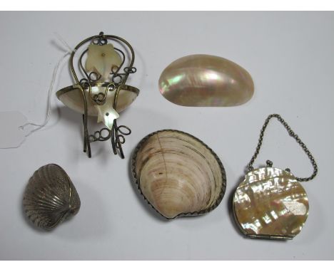 A Novelty Mother of Pearl Shell Salt, as a chair, mother of pearl purse, shell and plated snuff box, etc.