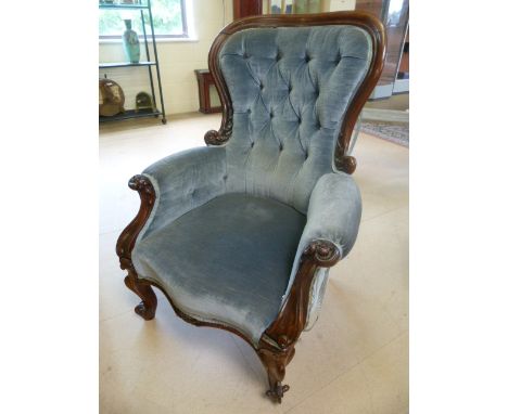 Light blue button back nursing chair with mahogany frame on curved scroll feet