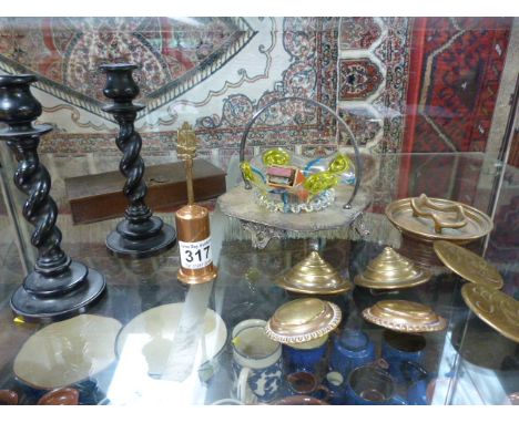 Three pairs of bridle brass badges, Brass pipe stand and a pair of Barley Twist candle holders, M Hohner miniature harmonica,