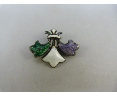 Suffragette 'Fleur-de-Lyre' enamel brooch (enamel damaged). Silver birmingham 1909 hallmark with makers Mark F.F.E. Approx 31