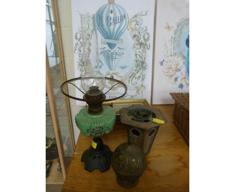 Leaded glass lantern, coloured glass victorian lamp (no glass well) and one other metal piece