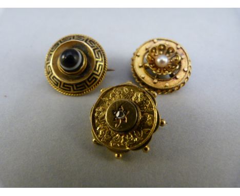 Three small victorian brooches set in yellow metal (unmarked gold?) 1 approx 17.3 diameter central banded gate approx 6mm in 