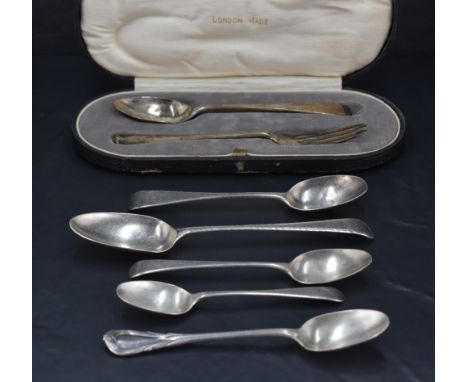 A George V cased silver christening set, comprising an Old English pattern fork and spoon with engraved initials PEH, marks f