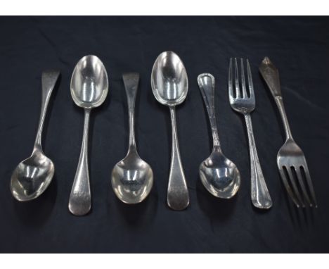 A group of four late Victorian silver Old English pattern teaspoons engraved with initials J&amp;AD, marks for Sheffield 1895