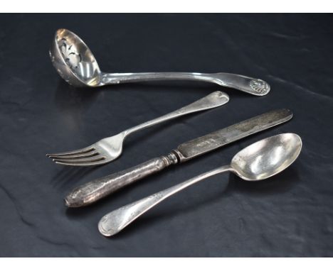 A George III silver fiddle, thread and shell pattern sifting spoon, with circular pierced bowl, marks for London 1810, maker 