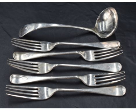 A group of five George V silver Old English pattern forks, with pip to terminal and engraved with initial O, marks for Sheffi