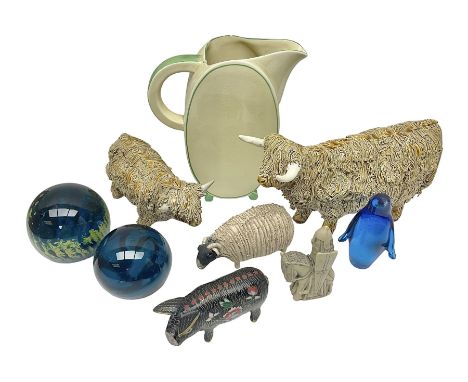 Enamel pig, together with studio pottery cows, glass paperweights etc 