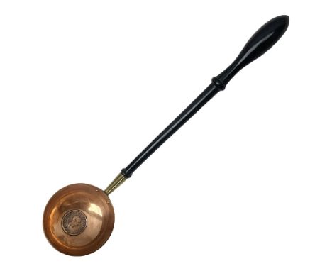 Copper ladle inset with 1806 George III Halfpenny coin, with turned wooden handle, L32cm