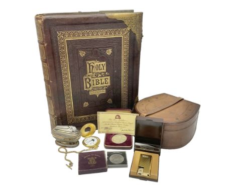 Family Bible with illustrations, Ronson table lighter, pocket watch and other collectables