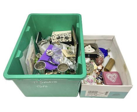 Pair of silver plated vases, Mercedes logo bottle cork, trinket boxes and a collection of modern costume jewellery