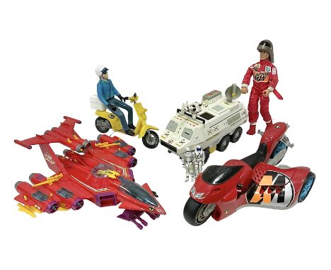 Manta Force Red Venom 1987 Bluebird Toys PLC toy plane with associated figures, with three more toy vehicles and figures comp