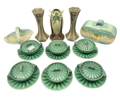 Set of six twin handled soup bowls with saucers and covers by Brannan Barnstaple Pottery, together with pair of Branston Pott