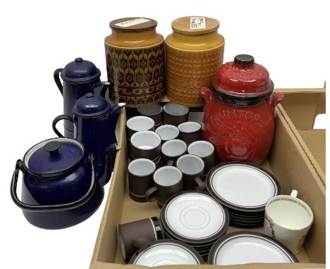 Two hornsea storage jars, together with hornsea tea and coffee cups, enamel coffee pots etc, in two boxes  