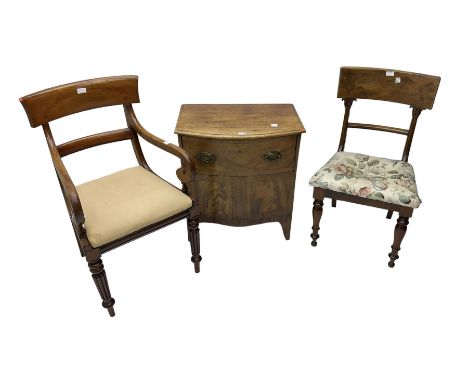 Early 19th century mahogany armchair, scrolled arm terminals over drop in upholstered seat and reeded supports (W52cm H93cm);