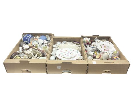 Wedgwood Jasperware biscuit barrel and vase, together with a collection of other ceramics including trinket boxes, flower dis